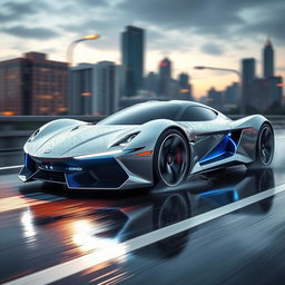 A sleek, futuristic sports car with a streamlined design, featuring a metallic silver body and blue neon highlights
