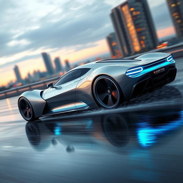 A sleek, futuristic sports car with a streamlined design, featuring a metallic silver body and blue neon highlights