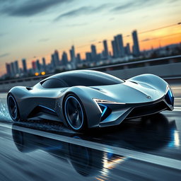 A sleek, futuristic sports car with a streamlined design, featuring a metallic silver body and blue neon highlights