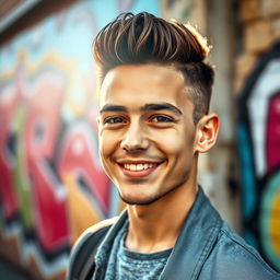 A charismatic young man with a captivating smile and expressive eyes, styled in a contemporary fashion with a modern haircut