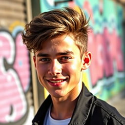 A charismatic young man with a captivating smile and expressive eyes, styled in a contemporary fashion with a modern haircut