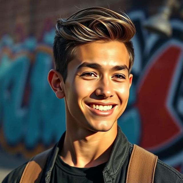 A charismatic young man with a captivating smile and expressive eyes, styled in a contemporary fashion with a modern haircut