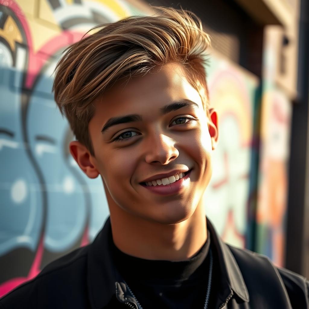 A charismatic young man with a captivating smile and expressive eyes, styled in a contemporary fashion with a modern haircut