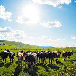 A picturesque scene of a herd of cows grazing peacefully in a lush green meadow