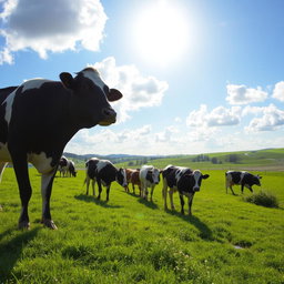A picturesque scene of a herd of cows grazing peacefully in a lush green meadow