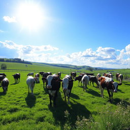 A picturesque scene of a herd of cows grazing peacefully in a lush green meadow
