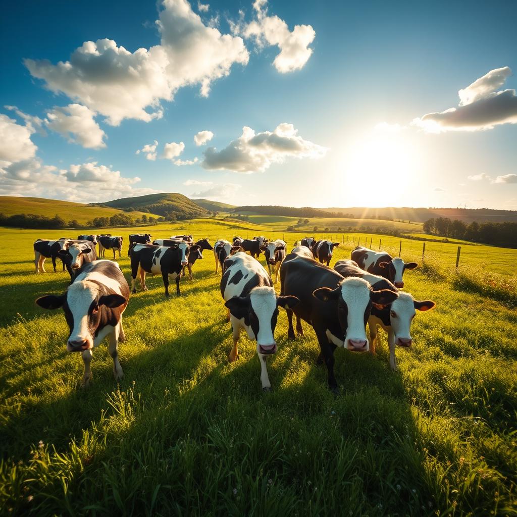 A picturesque scene of a herd of cows grazing peacefully in a lush green meadow