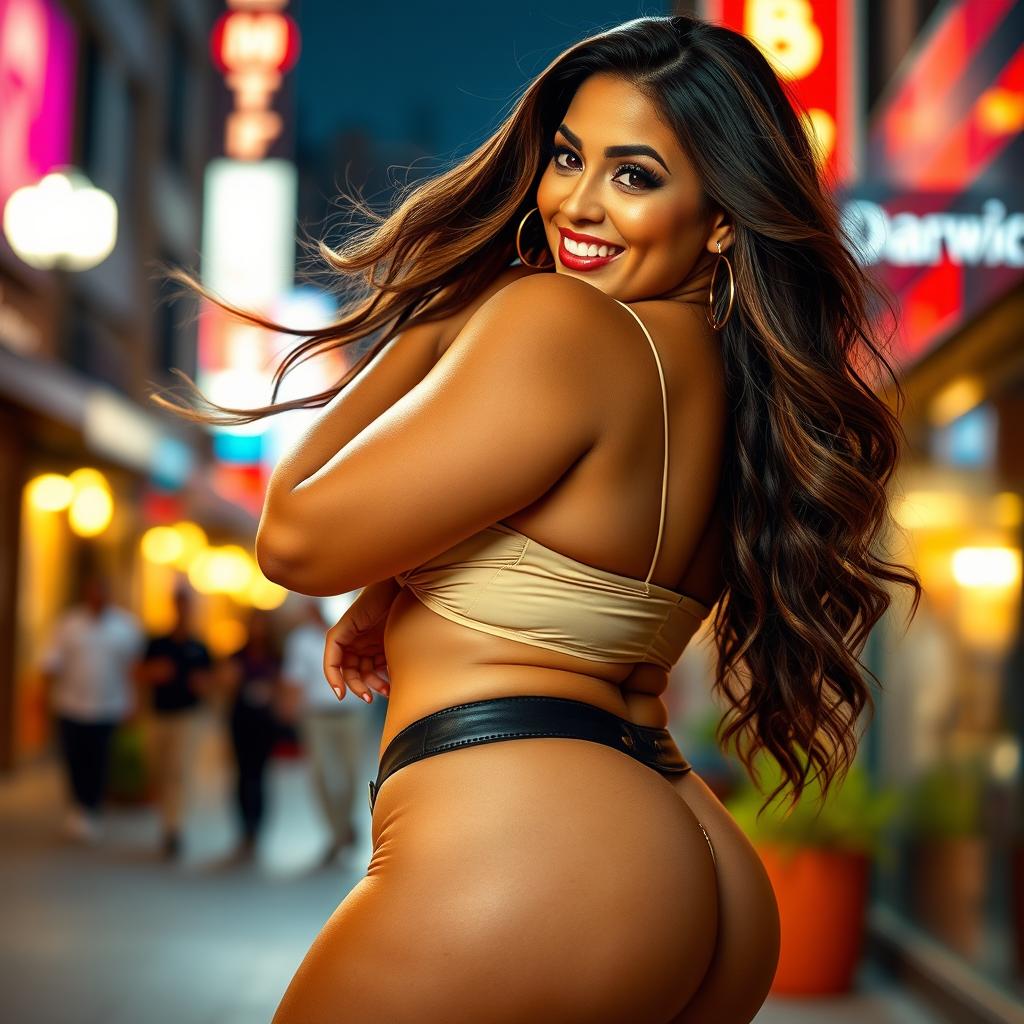 A beautiful, curvy woman with large breasts and an ample derrière, confidently posing in a stylish outfit that accentuates her figure