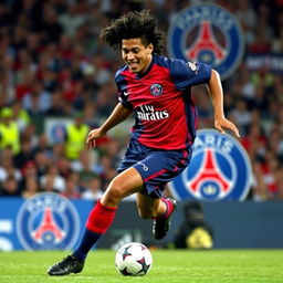 A dynamic action shot of Ronaldinho playing for Paris Saint Germain in 2001