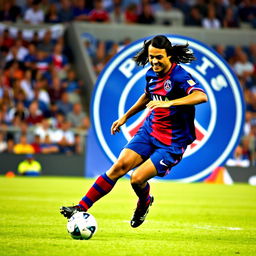 A dynamic action shot of Ronaldinho playing for Paris Saint Germain in 2001