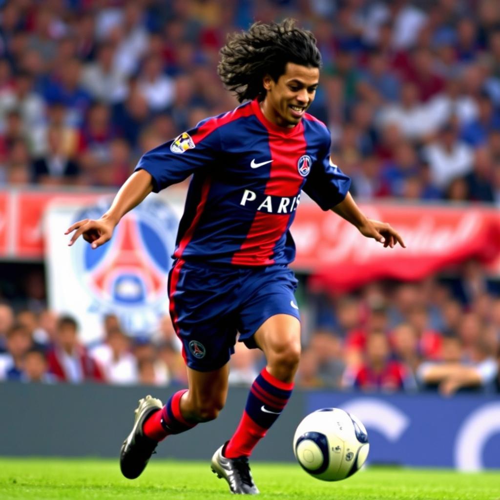 A dynamic action shot of Ronaldinho playing for Paris Saint Germain in 2001