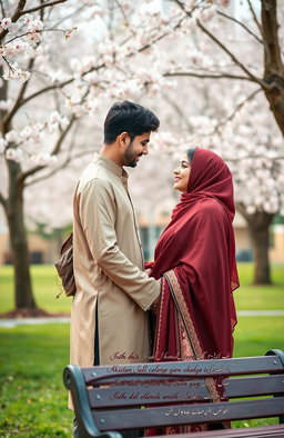 A romantic scene capturing the essence of a Halal love story featuring Pakistani protagonist Nadiya, a beautiful young woman dressed in elegant traditional attire