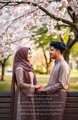 A romantic scene capturing the essence of a Halal love story featuring Pakistani protagonist Nadiya, a beautiful young woman dressed in elegant traditional attire