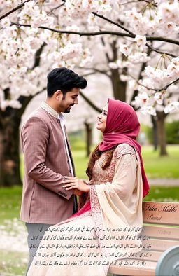 A romantic scene capturing the essence of a Halal love story featuring Pakistani protagonist Nadiya, a beautiful young woman dressed in elegant traditional attire
