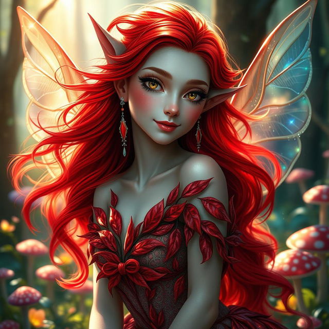 A stunning and enchanting redcap fae with radiant red, flowing hair that shimmers in the light, pointed ears adorned with delicate silver earrings, and a mischievous smile