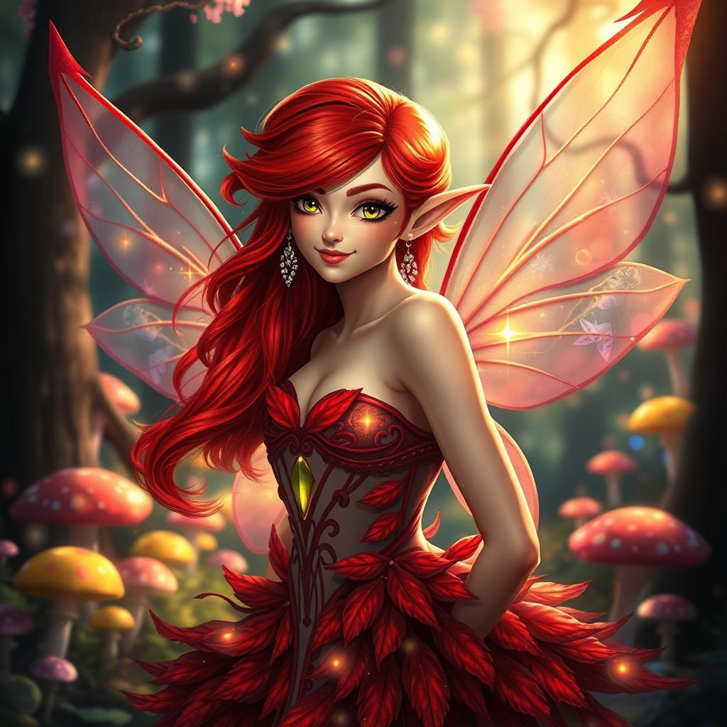 A stunning and enchanting redcap fae with radiant red, flowing hair that shimmers in the light, pointed ears adorned with delicate silver earrings, and a mischievous smile