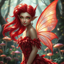 A stunning and enchanting redcap fae with radiant red, flowing hair that shimmers in the light, pointed ears adorned with delicate silver earrings, and a mischievous smile