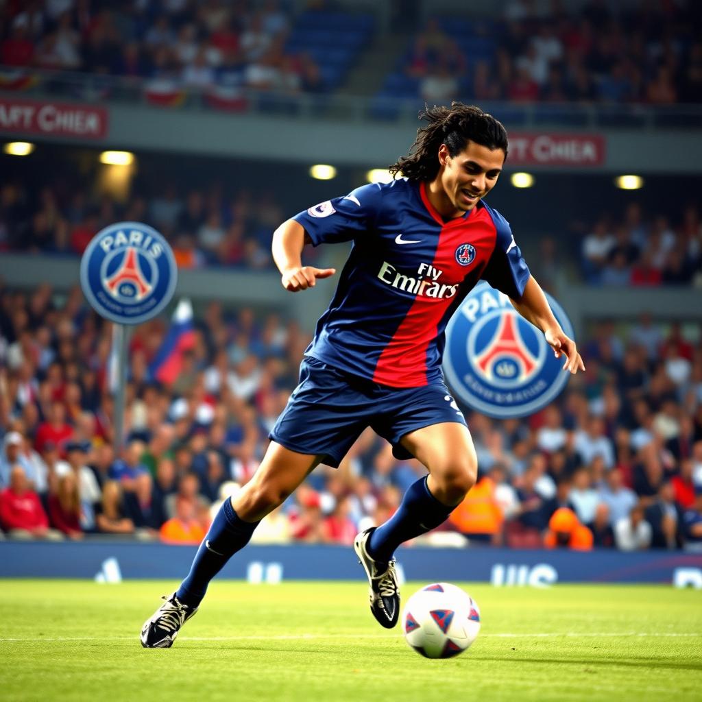 A thrilling action shot of Ronaldinho playing for Paris Saint Germain in 2001