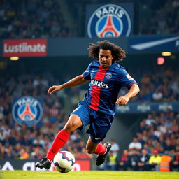 A thrilling action shot of Ronaldinho playing for Paris Saint Germain in 2001