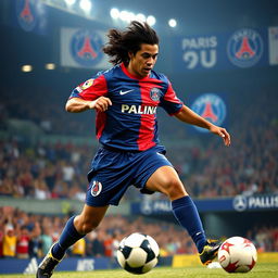 A thrilling action shot of Ronaldinho playing for Paris Saint Germain in 2001
