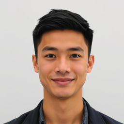 A portrait of a 21-year-old man with short, neatly styled black hair, soft yet defined facial features