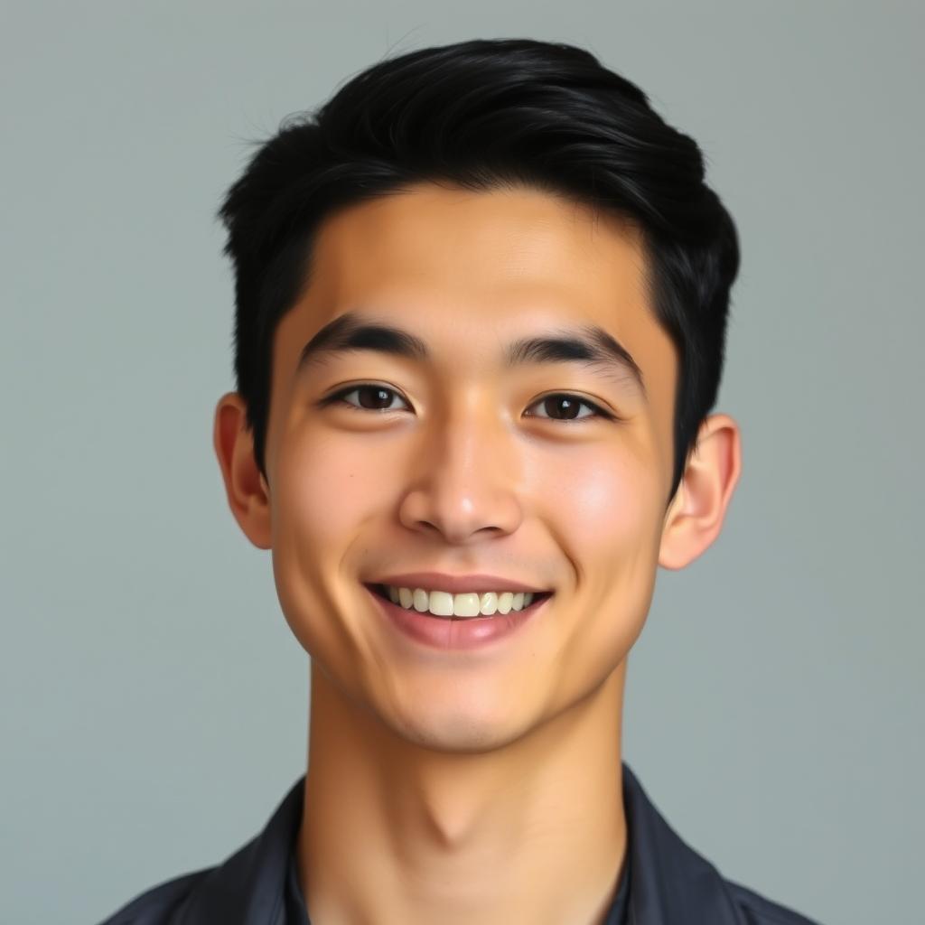 A portrait of a 21-year-old man with short, neatly styled black hair, soft yet defined facial features