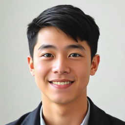 A portrait of a 21-year-old man with short, neatly styled black hair, soft yet defined facial features