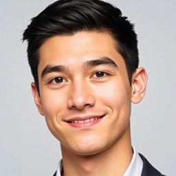 A portrait of a 21-year-old man with short, neatly styled black hair, soft yet defined facial features