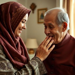 A heartwarming scene showing a 30-year-old woman wearing a beautifully patterned hijab, gently kissing her father's hand in a gesture of respect and love