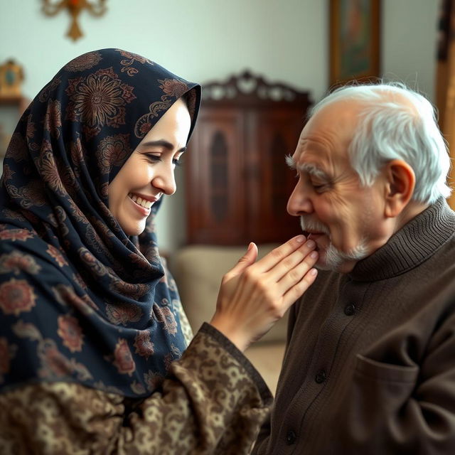 A heartwarming scene showing a 30-year-old woman wearing a beautifully patterned hijab, gently kissing her father's hand in a gesture of respect and love