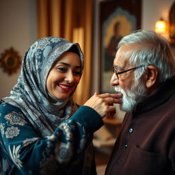 A heartwarming scene showing a 30-year-old woman wearing a beautifully patterned hijab, gently kissing her father's hand in a gesture of respect and love