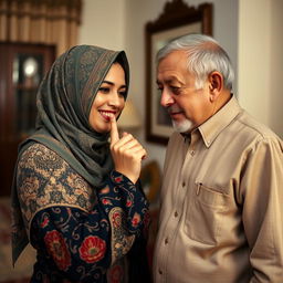 A heartwarming scene showing a 30-year-old woman wearing a beautifully patterned hijab, gently kissing her father's hand in a gesture of respect and love