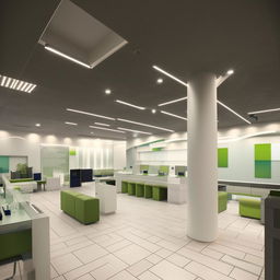 Interior view of a modern bank, highlighting the spacious and sleek design that occupies an area of 400m2