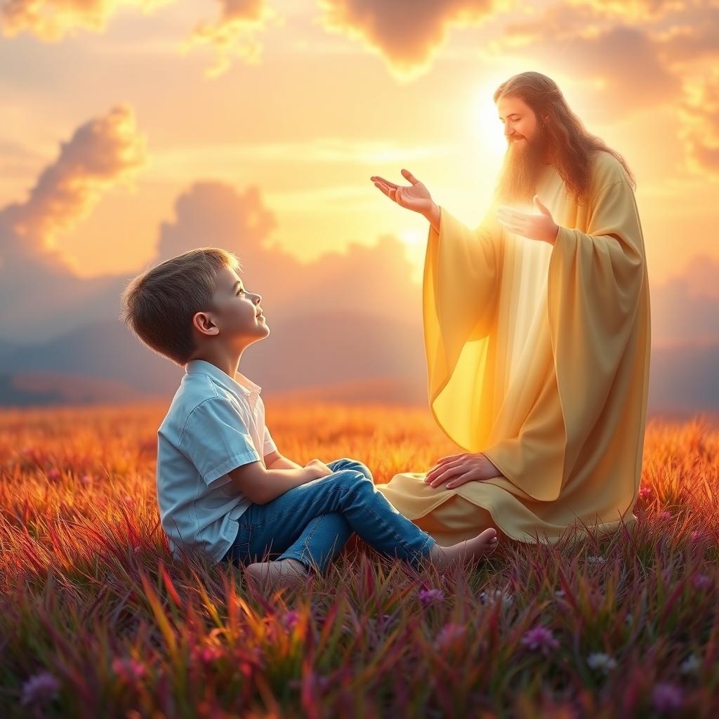 A dreamy scene depicting a young boy sitting on a colorful, lush grass field at sunset, engaging in a contemplative conversation with a divine presence represented as a radiant, ethereal figure