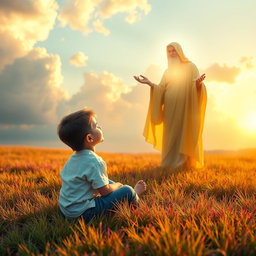 A dreamy scene depicting a young boy sitting on a colorful, lush grass field at sunset, engaging in a contemplative conversation with a divine presence represented as a radiant, ethereal figure