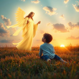 A dreamy scene depicting a young boy sitting on a colorful, lush grass field at sunset, engaging in a contemplative conversation with a divine presence represented as a radiant, ethereal figure