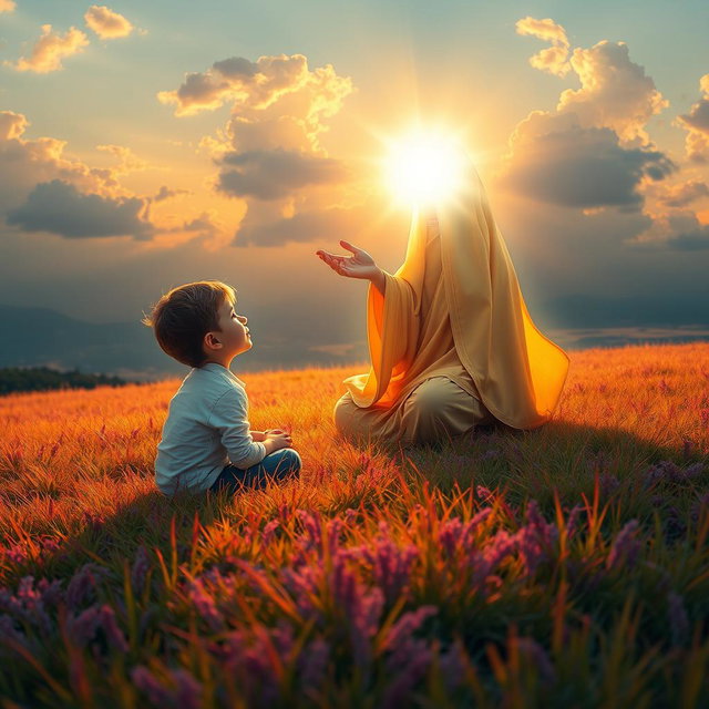 A dreamy scene depicting a young boy sitting on a colorful, lush grass field at sunset, engaging in a contemplative conversation with a divine presence represented as a radiant, ethereal figure