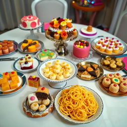 A beautifully arranged table filled with a variety of exquisite desserts and traditional murukku