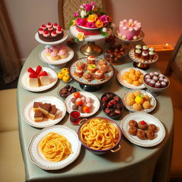 A beautifully arranged table filled with a variety of exquisite desserts and traditional murukku