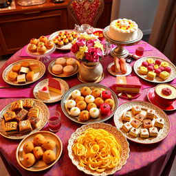 A beautifully arranged table filled with a variety of exquisite desserts and traditional murukku