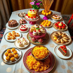 A beautifully arranged table filled with a variety of exquisite desserts and traditional murukku