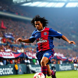 An electrifying action shot of Ronaldinho in the midst of a football match for Paris Saint Germain in 2001