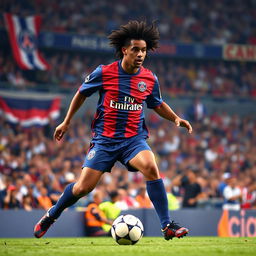 An electrifying action shot of Ronaldinho in the midst of a football match for Paris Saint Germain in 2001