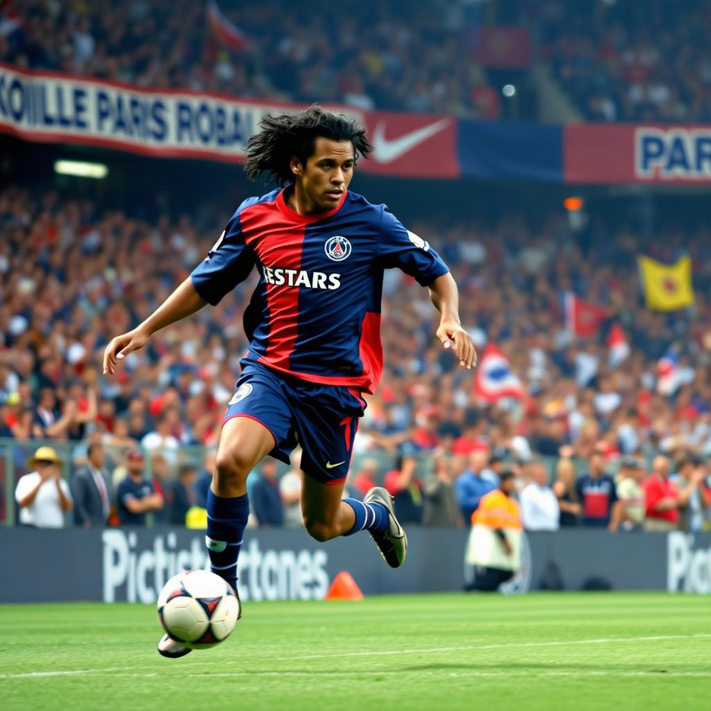An electrifying action shot of Ronaldinho in the midst of a football match for Paris Saint Germain in 2001