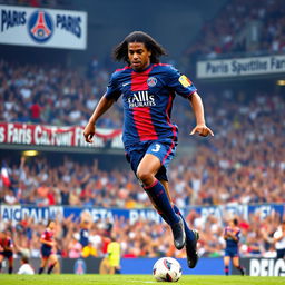 An electrifying action shot of Ronaldinho in the midst of a football match for Paris Saint Germain in 2001