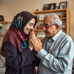 A touching scene of a 30-year-old woman wearing a beautiful, colorful hijab, gently kissing her father's hands in a warm and loving gesture