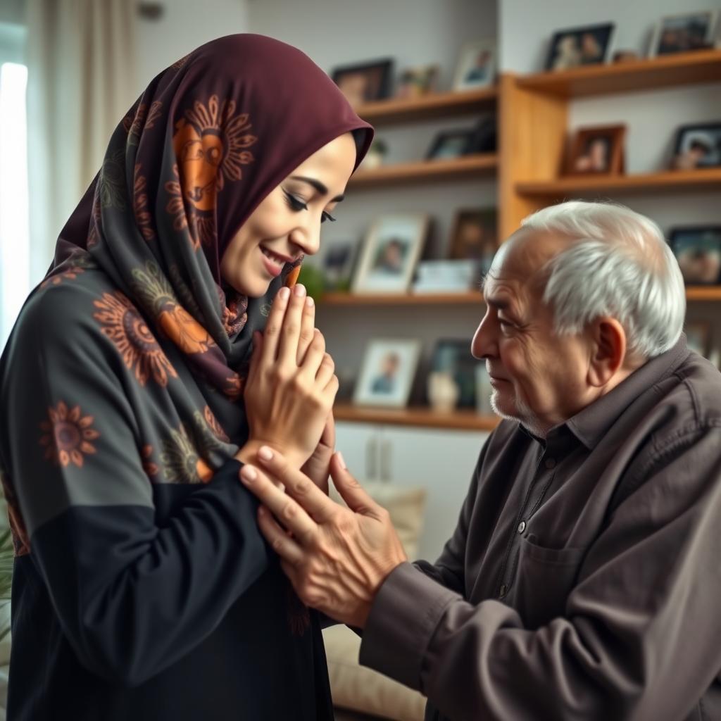 A touching scene of a 30-year-old woman wearing a beautiful, colorful hijab, gently kissing her father's hands in a warm and loving gesture