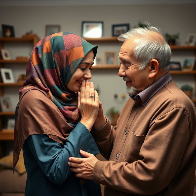 A touching scene of a 30-year-old woman wearing a beautiful, colorful hijab, gently kissing her father's hands in a warm and loving gesture