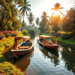 A picturesque scene featuring two vibrant traditional desi boats gently floating on a small, serene river