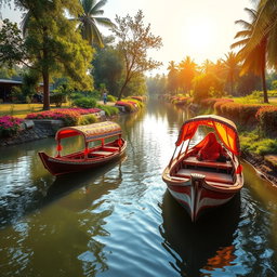 A picturesque scene featuring two vibrant traditional desi boats gently floating on a small, serene river